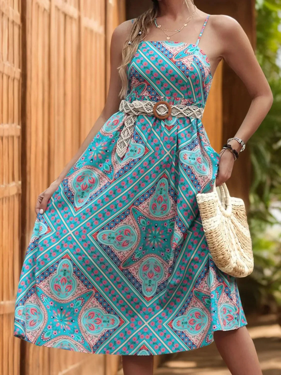 Printed Spaghetti Strap Midi Dress Teal Casual Dresses - Tophatter Daily Deals